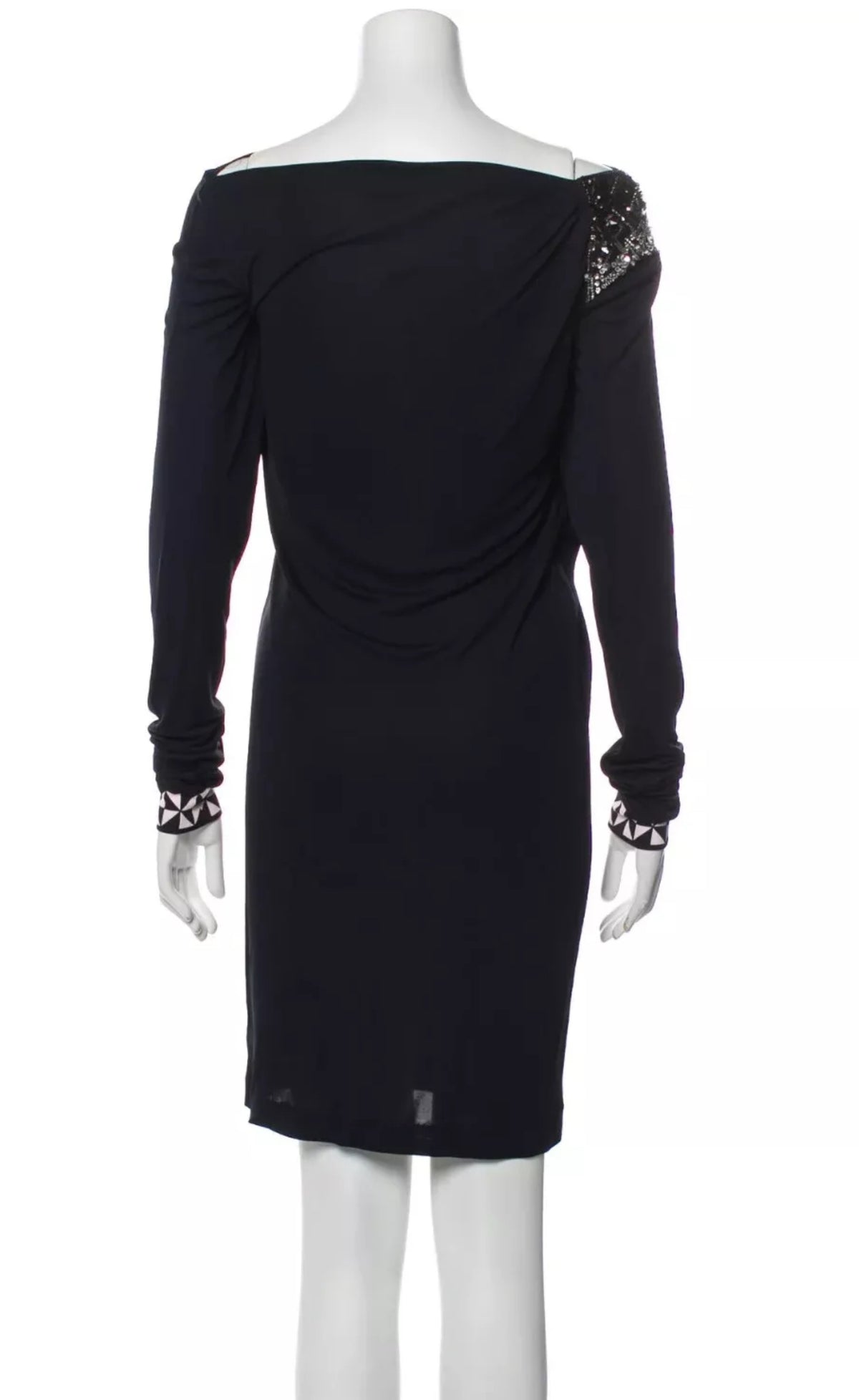 Emilio Pucci Firenze Black Crystals Shoulder Stretch Jersey Draped Dress Sz 44 L ladies
