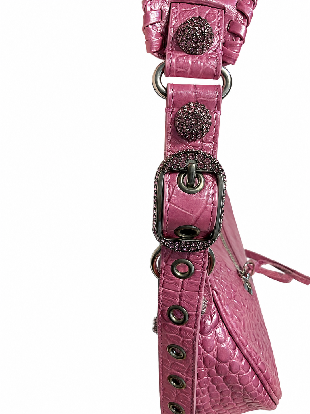 Balenciaga Metallic Extra Supple Calfskin Crystal Crocodile Embossed Small Le Cagole Shoulder Bag – Pink ladies