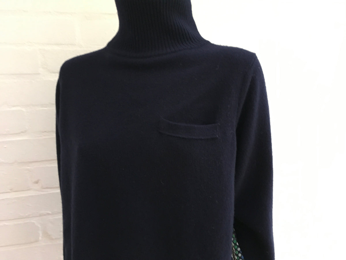 SACAI Contrast Pleated Navy Blue Wool Turtleneck Jumper Size M medium ladies