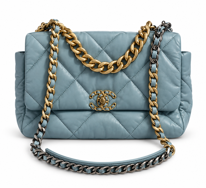 Chanel 19 Medium Quilted Lambskin Leather Flap Bag – Dusty Teal Blue ladies