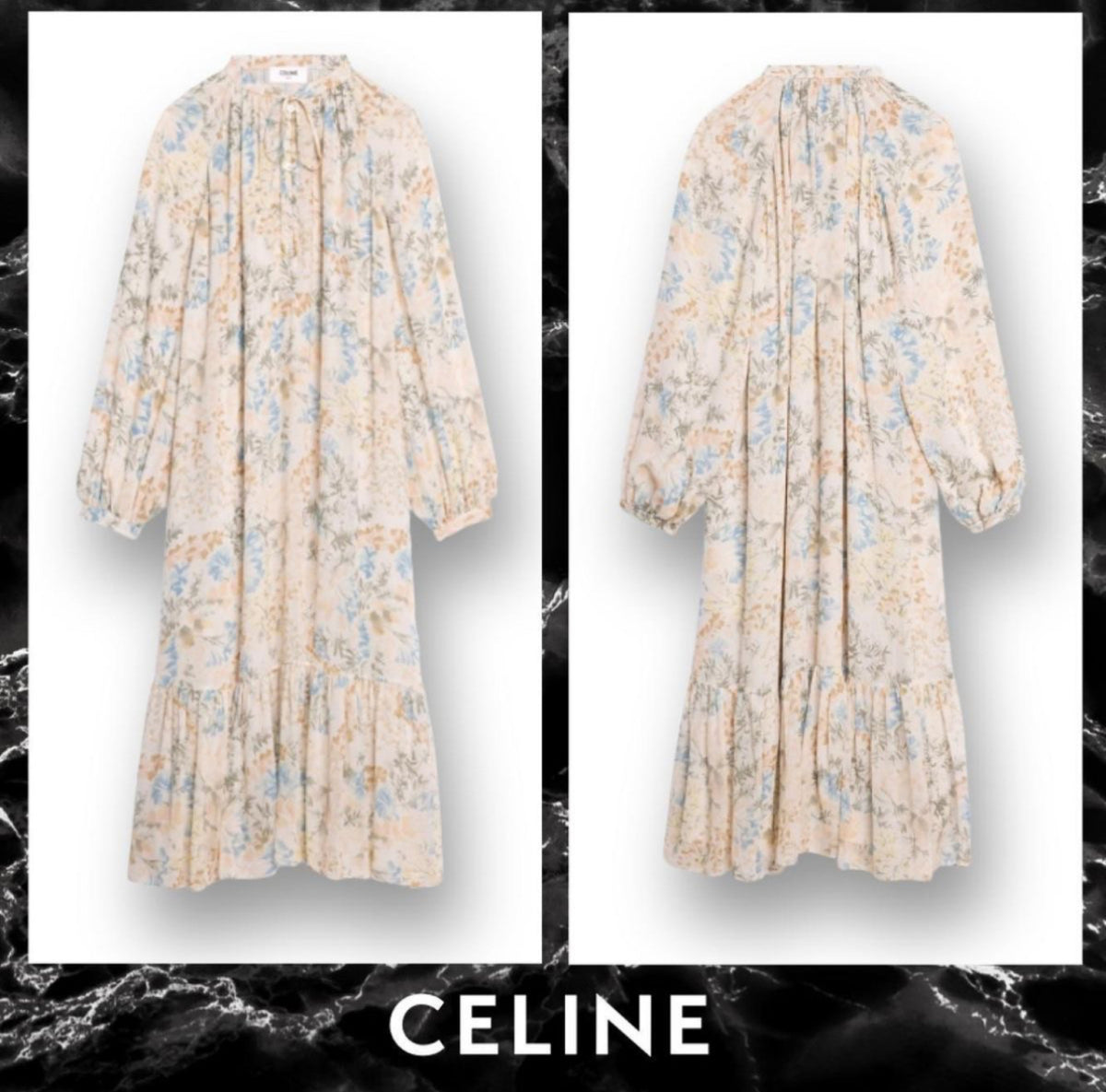 CELINE SILK-CHIFFON MIDI DRESS IN FLORAL MOTIF WITH BOTTOM RUFFLE Size F 34 ladies