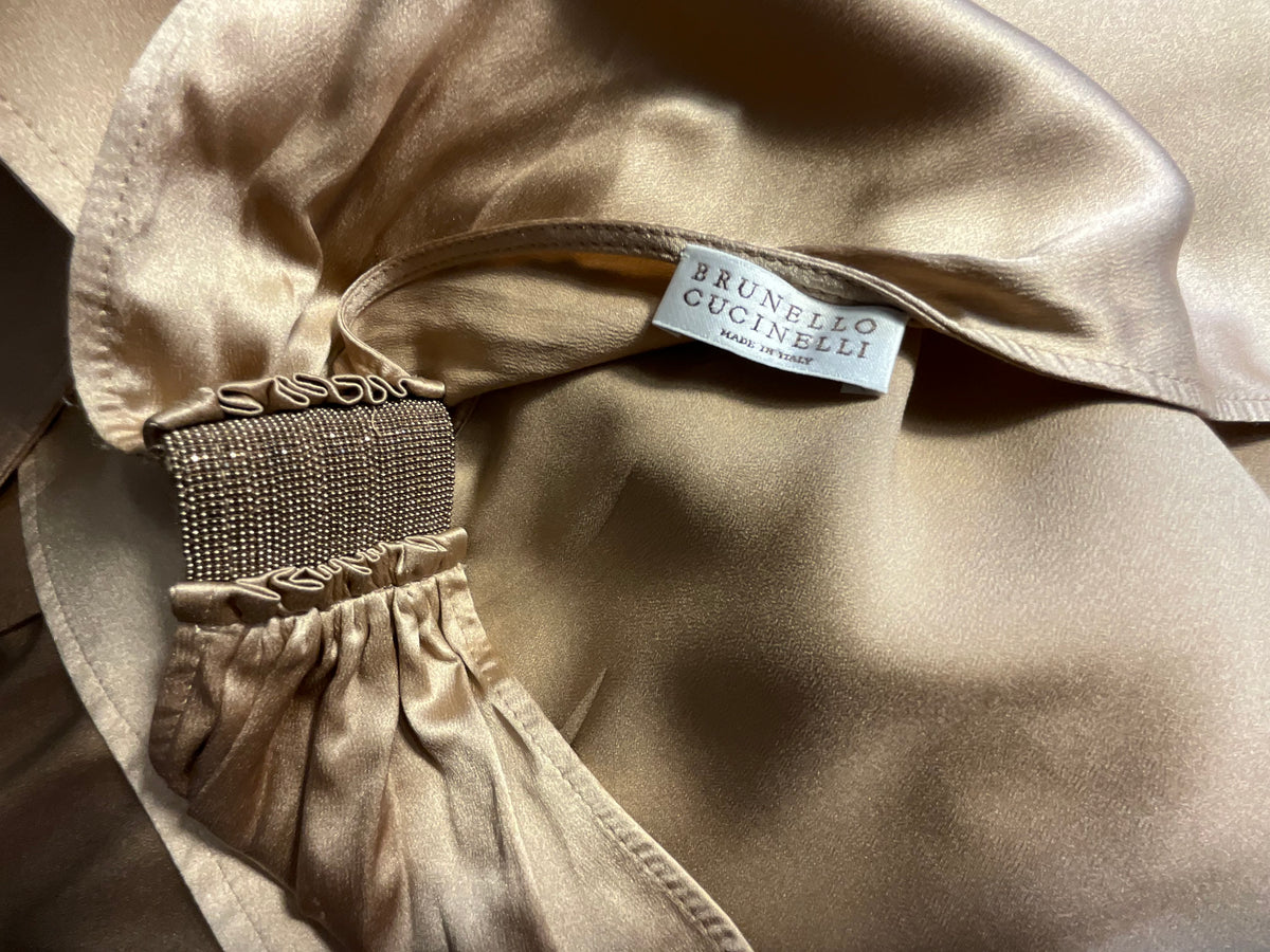 Brunello Cucinelli Champagne Silk Monili Belted Long Dress Size L large ladies