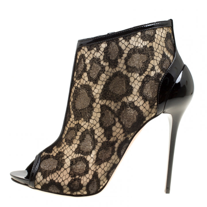 Alexander McQueen Black Mesh and Patent Leather Peep Toe Ankle Booties 39.5 ladis