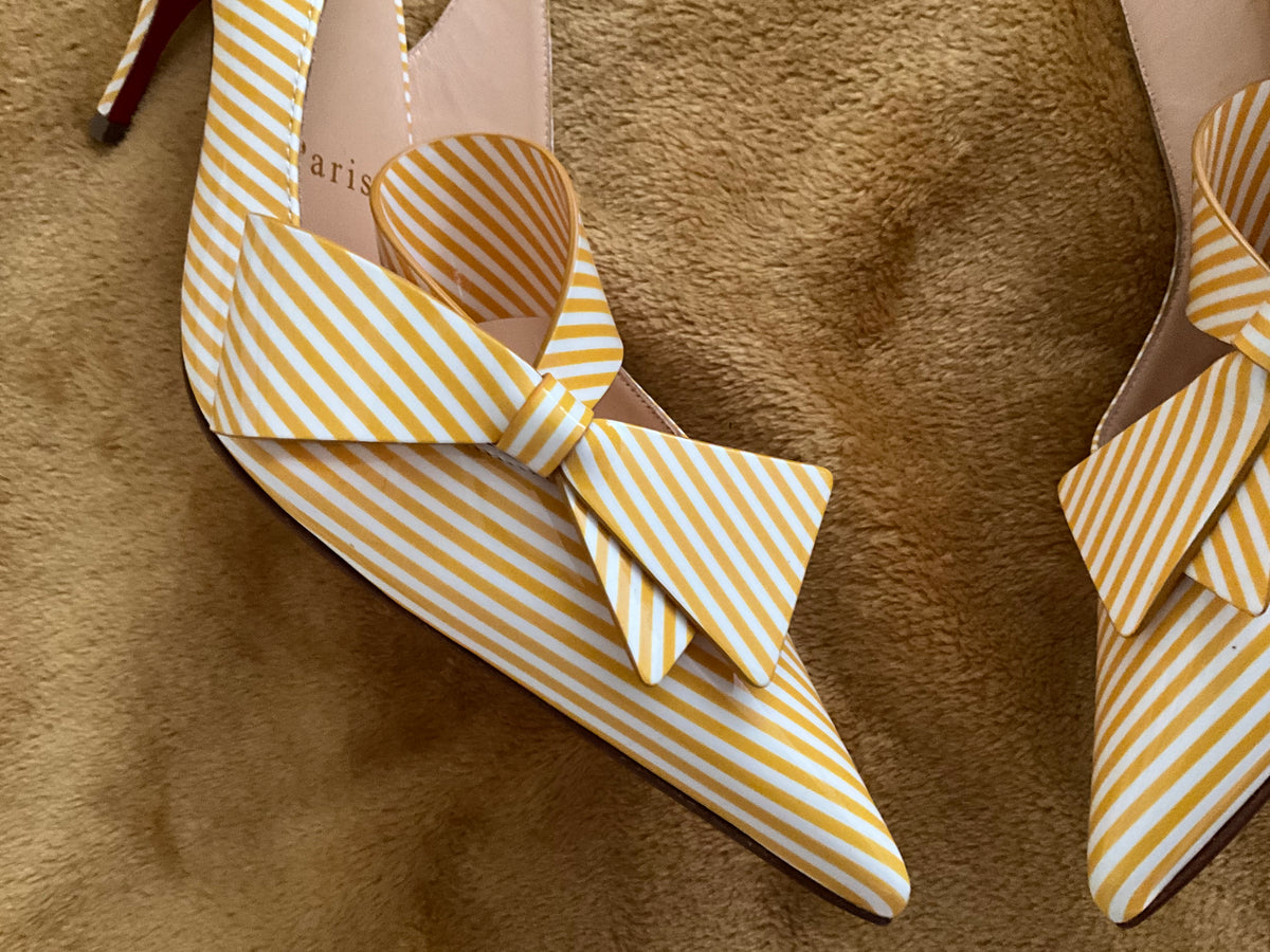Christian Louboutin Patent Stripes Clare Nodo 80 Pumps Banana White Size 38.5 ladies