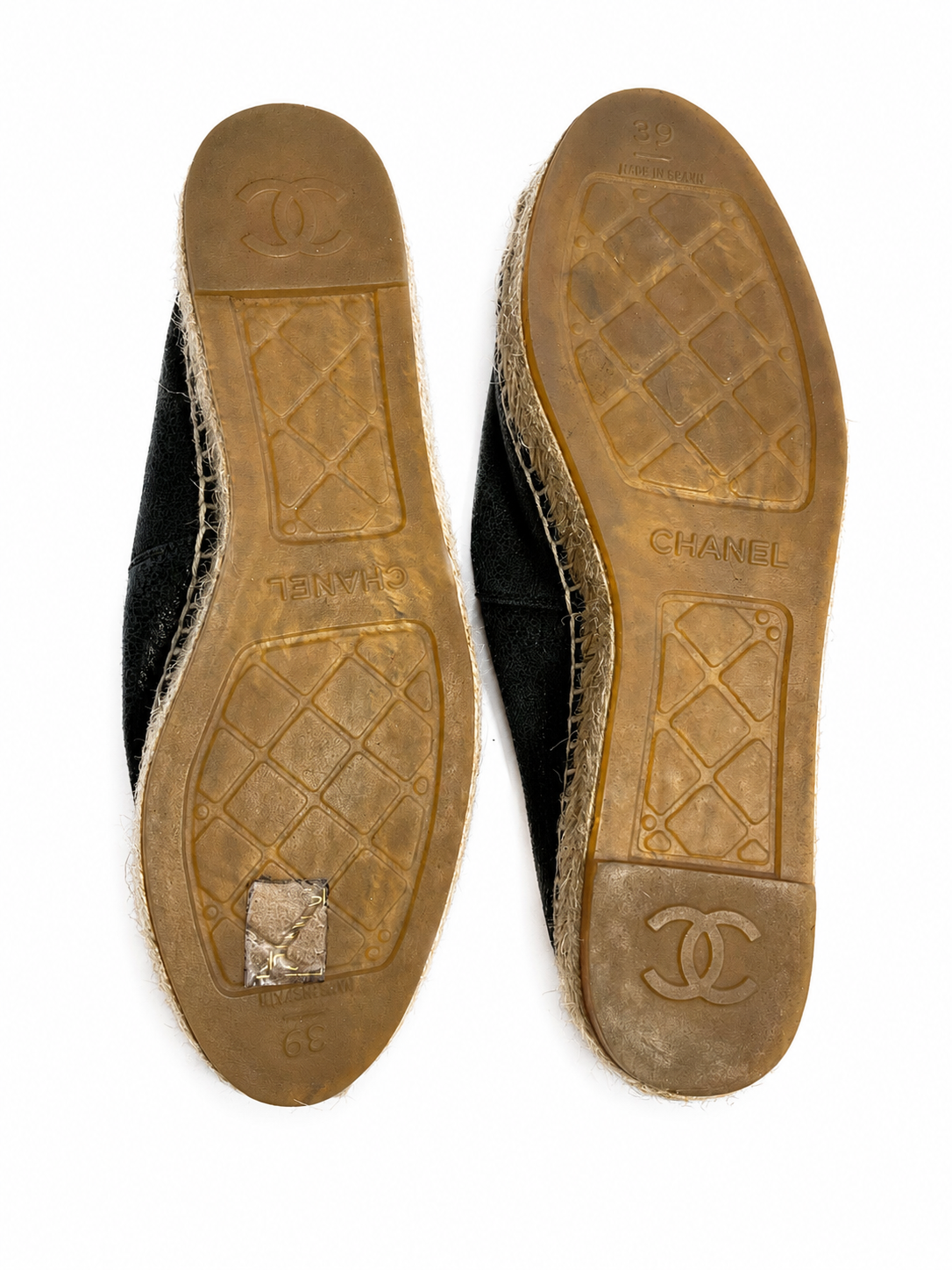 Chanel Patent Calfskin Metallic Goatskin CC Espadrilles Black Size 39 UK 6 US 9 ladies