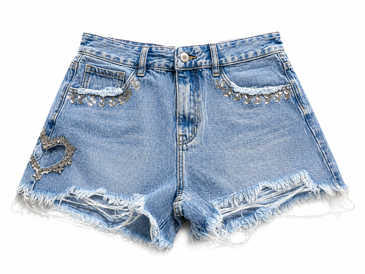 O mai now or never denim shorts crystals embellished Size L large ladies