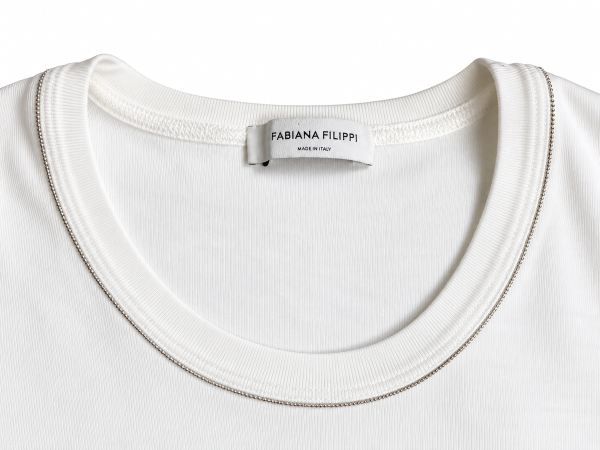 Fabiana Filippi White Cotton T-Shirt with Monili Trim – Size S ladies