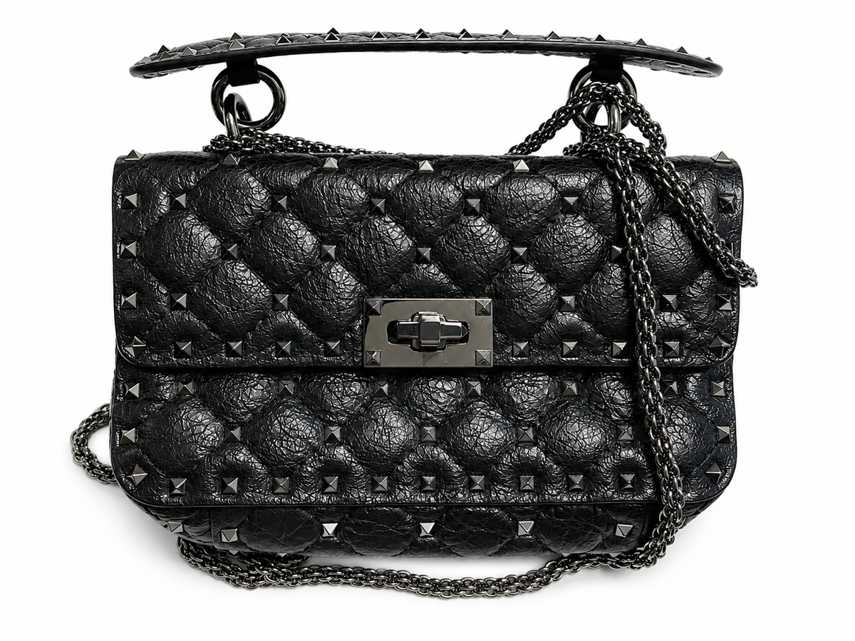 Valentino Garavani Craquele Nappa Small Rockstud Spike Shoulder Bag – Black ladies