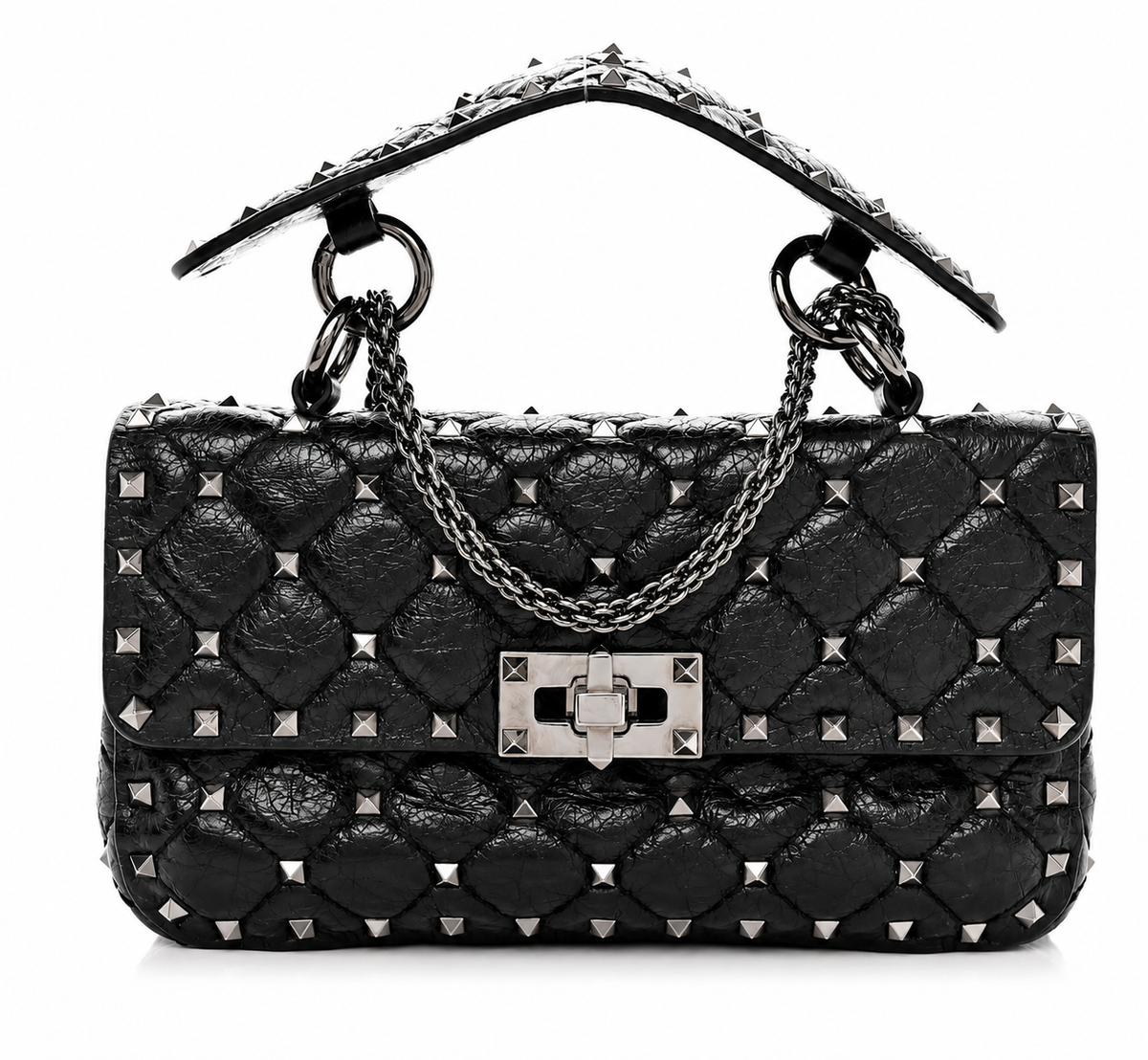 Valentino Garavani Craquele Nappa Small Rockstud Spike Shoulder Bag – Black ladies