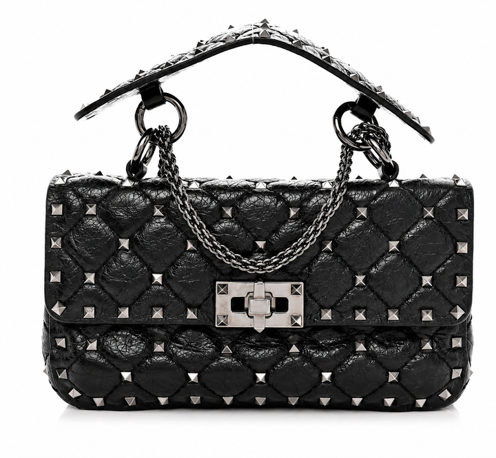 Valentino Garavani Craquele Nappa Small Rockstud Spike Shoulder Bag – Black ladies
