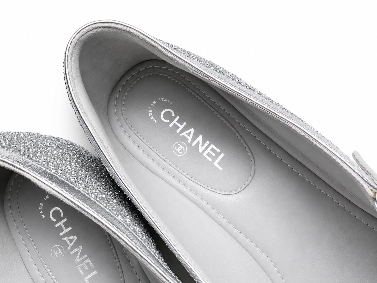 Chanel CC Cap Toe Mary Jane Flats – Silver Glitter – Size EU 38.5 ladies