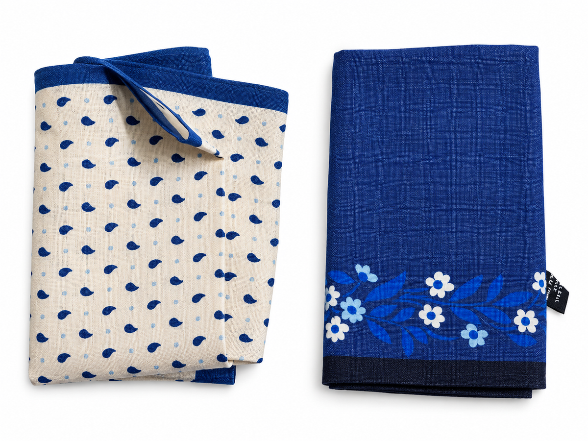 Men’s set of 2 100% Linen Pocket Square – Cream & Blue Paisley men