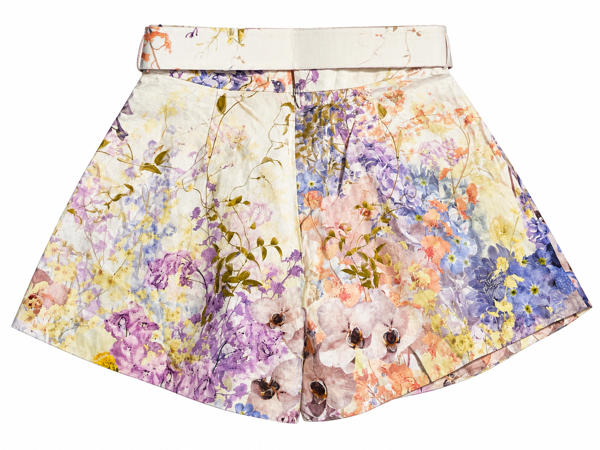 Zimmermann Rhythmic Tuck High-Waisted Floral Linen Shorts – Size 2 / UK 12 ladies