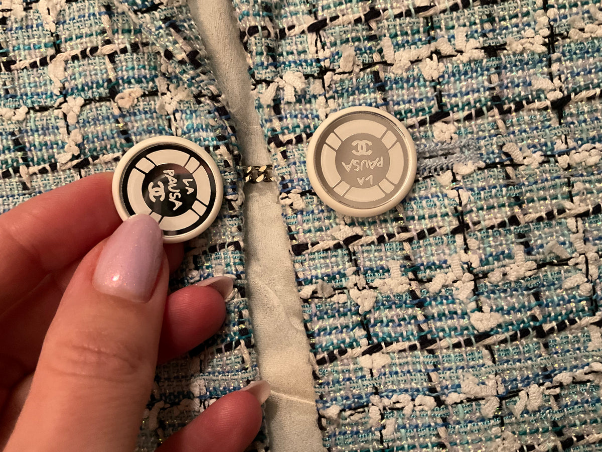 Chanel 2019 Cruise LA PAUSA Fantasy Tweed Blazer Jacket White Blue Light blue ladies