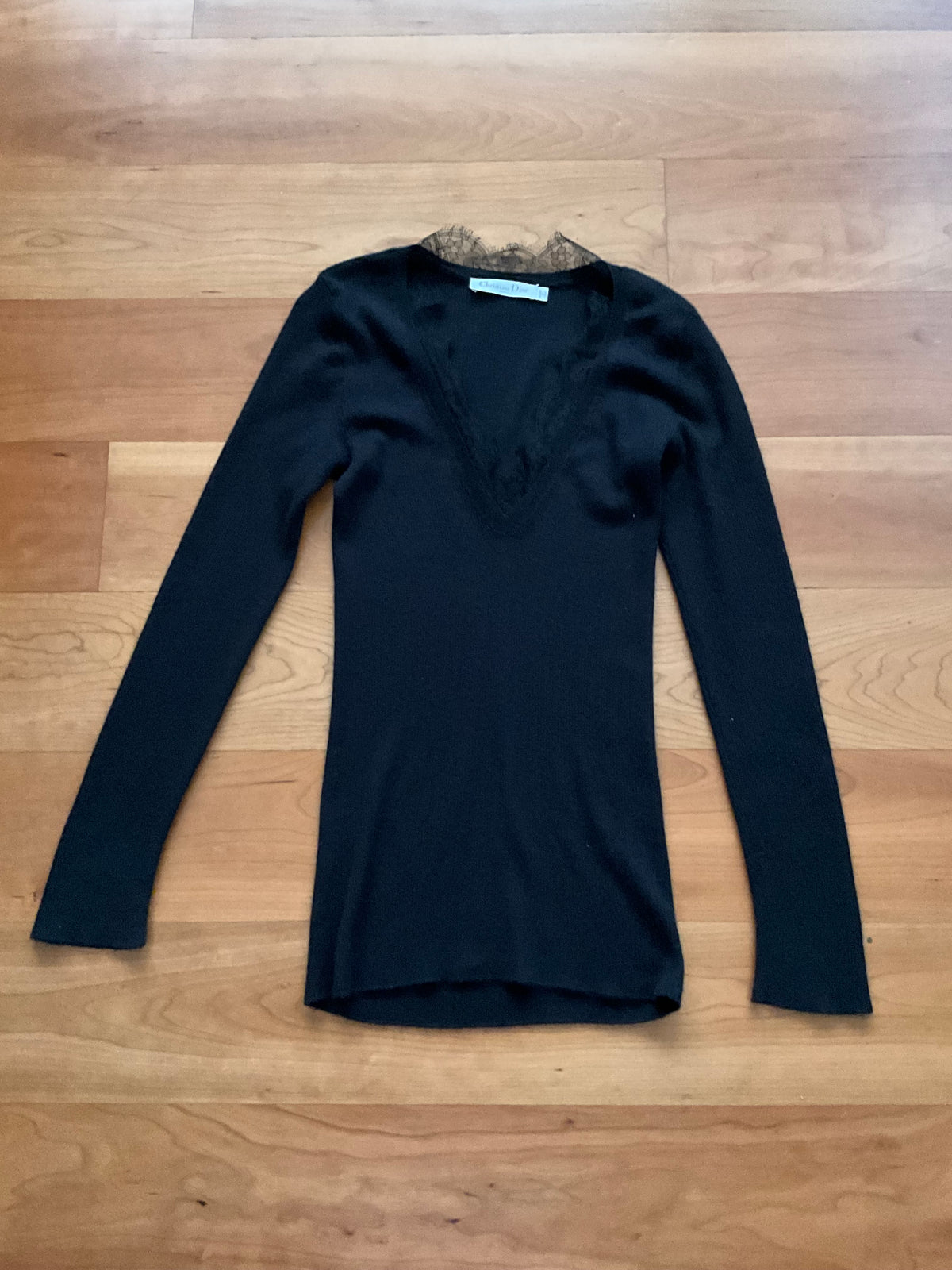 CHRISTIAN DIOR Black Cashmere Knit Lace Trim Jumper Sweater Pullover Size XS ladies