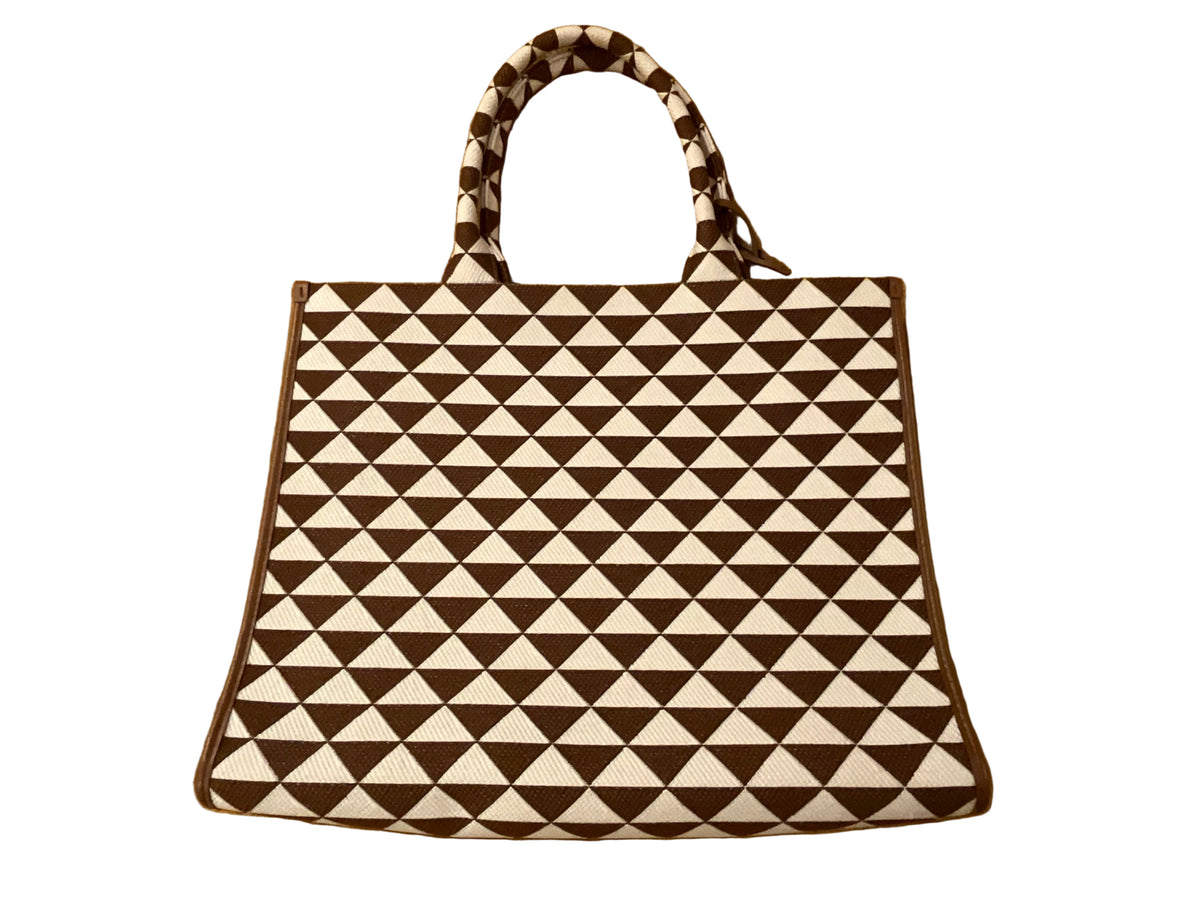 Prada Jacquard Saffiano Triangolo Symbole Embroidered Large Tote Bag in Brown Tobacco ladies