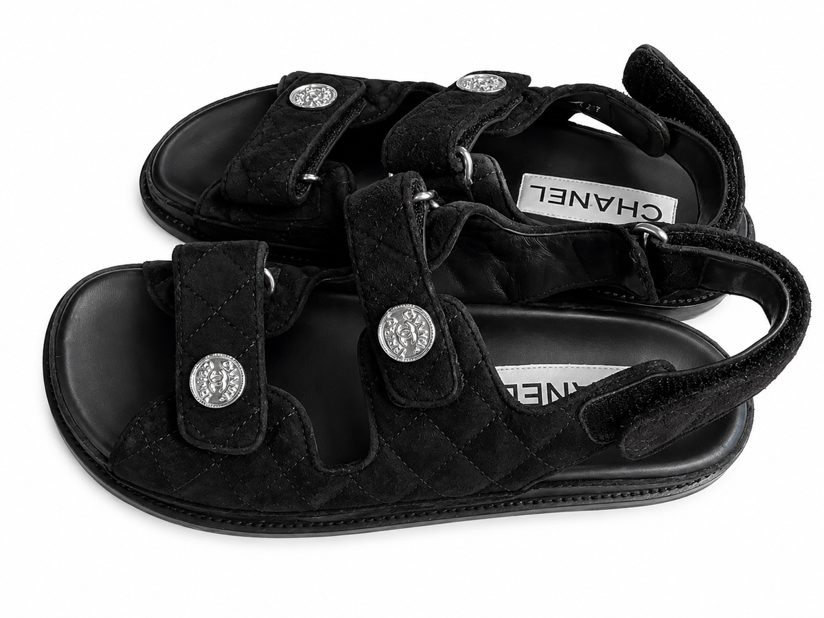 Chanel Suede Leather Dad Sandals in Black Size 38 1/2 UK 5.5 US 8.5 ladies