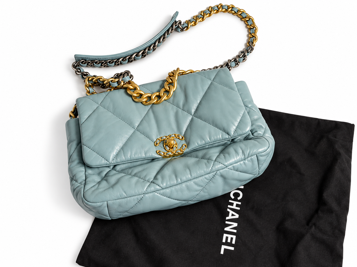 Chanel 19 Medium Quilted Lambskin Leather Flap Bag – Dusty Teal Blue ladies