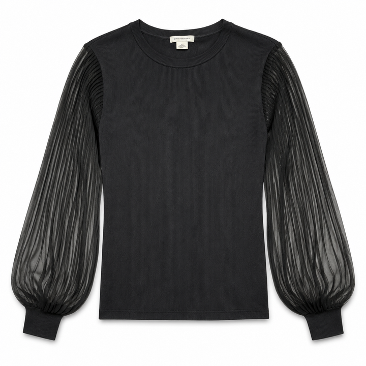 Club Monaco Black Sheer Pleated Balloon-Sleeve Jumper – Size Medium ladies