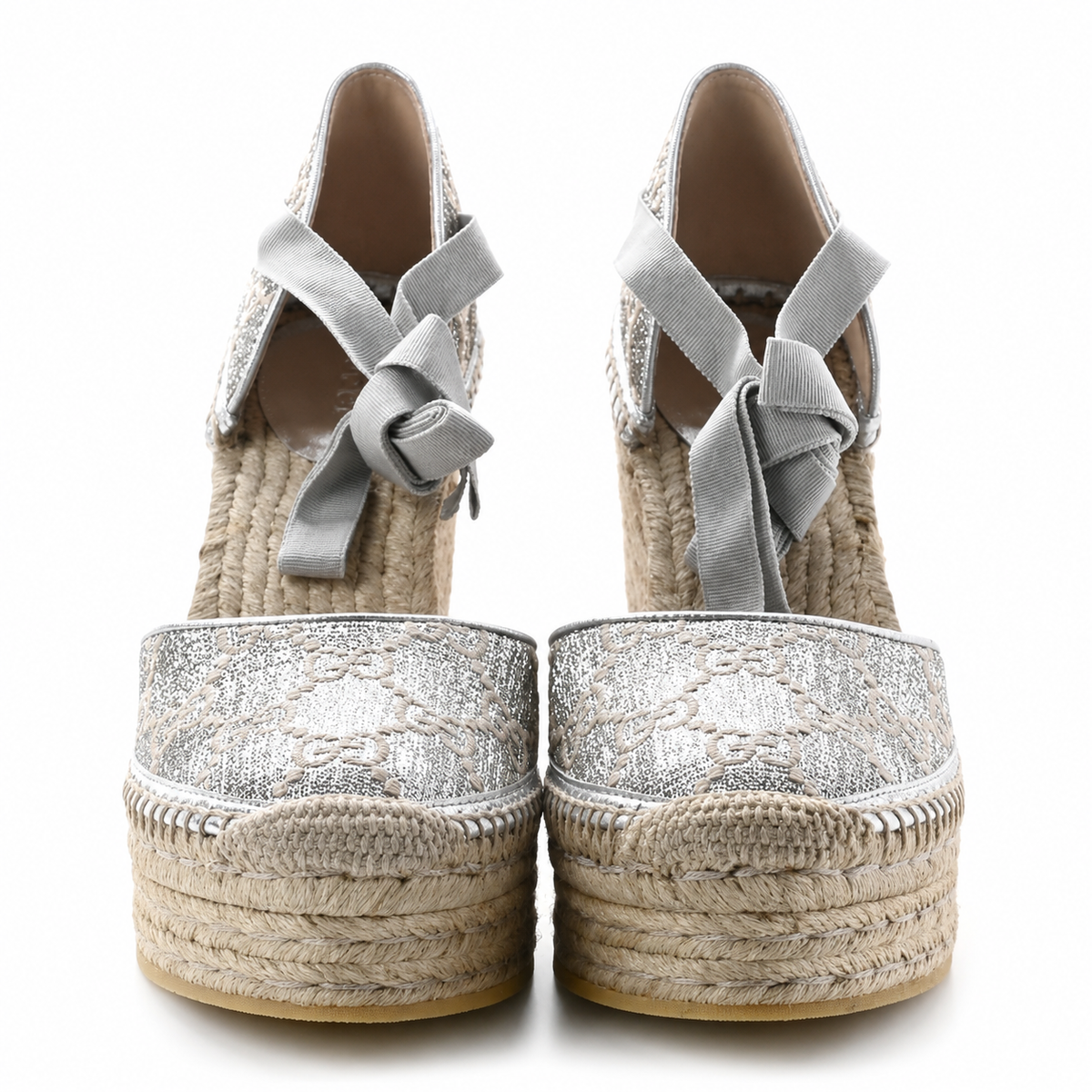 Gucci Silver Glitter Espadrille Wedge Sandals with Tie Closure size 38 ladies