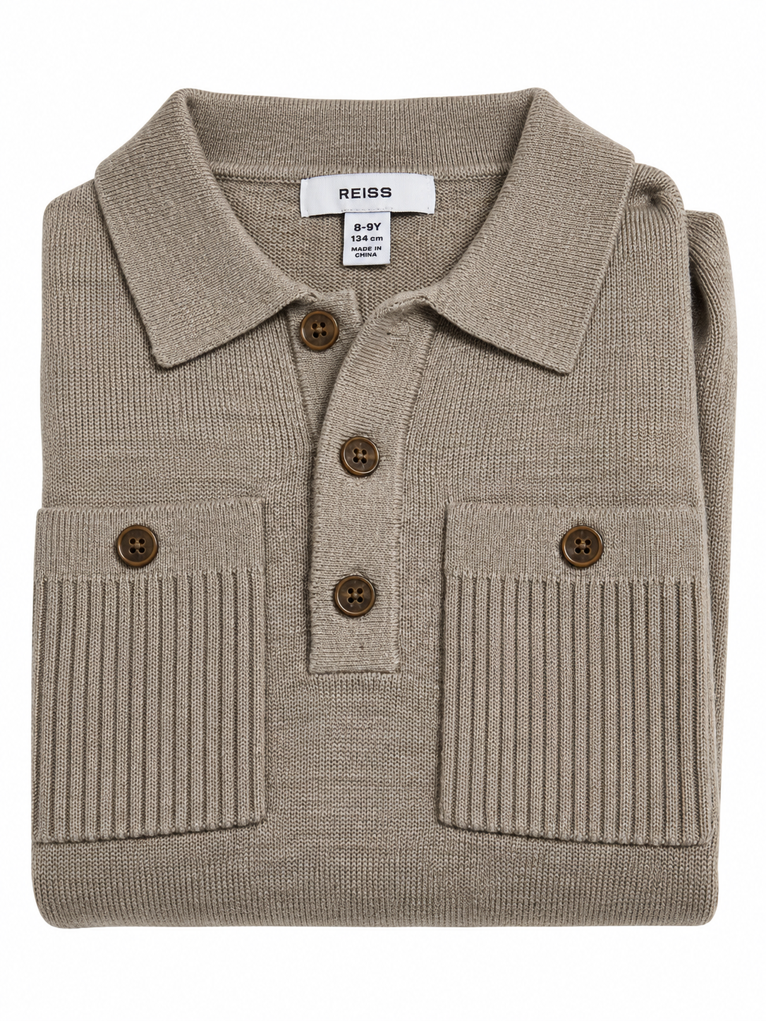 Reiss Kids Knitted Polo Jumper – Beige/Taupe – Age 8–9 Years children