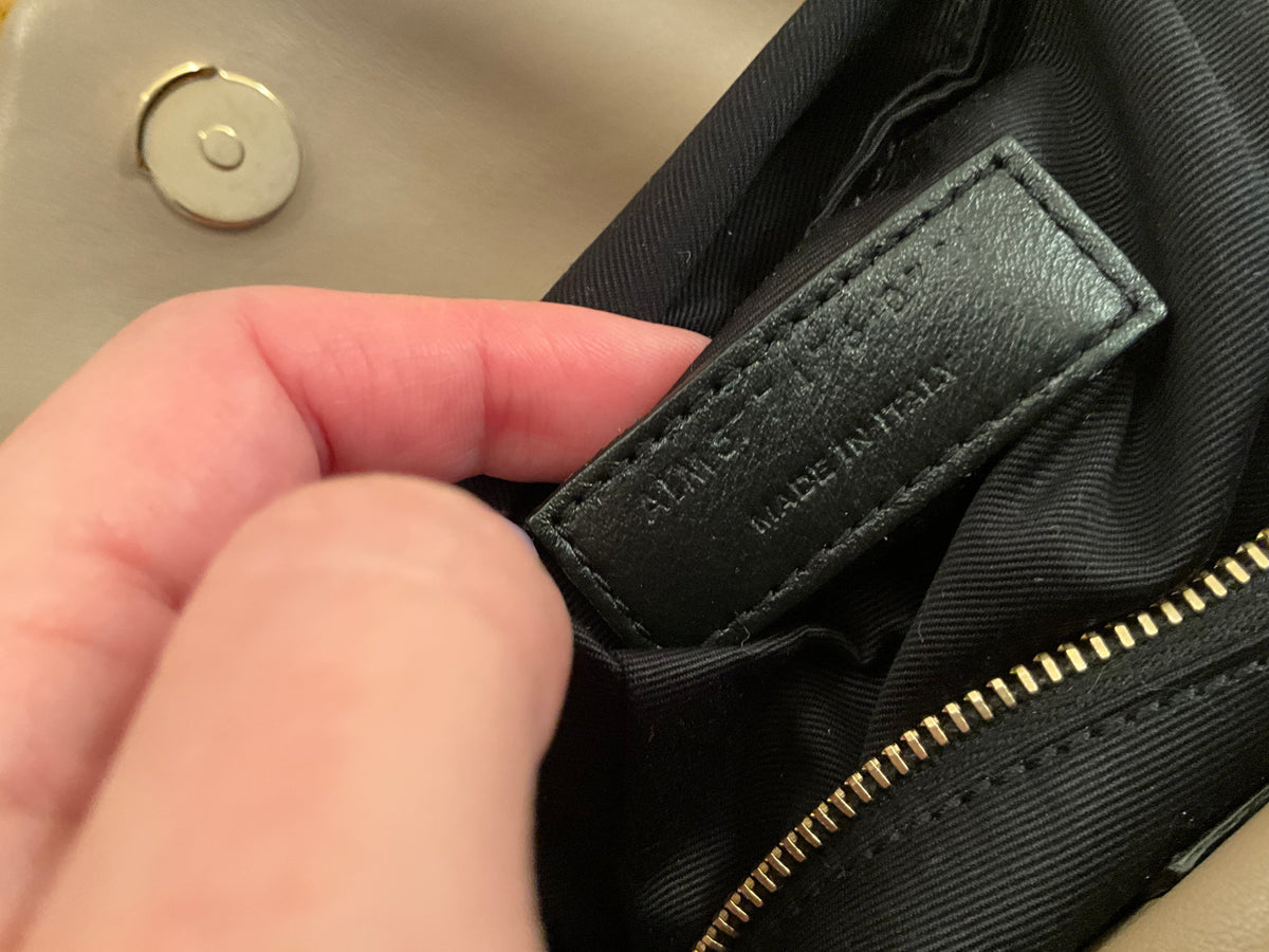 YSL Saint Laurent Lambskin Quilted Small Loulou Puffer Monogram Chain Satchel Beige Ladies