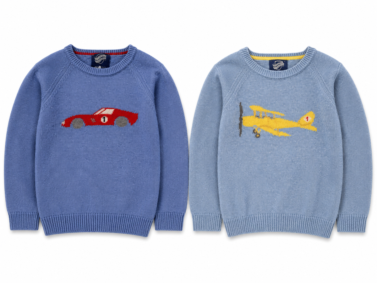 Chelsea Clothing Co. Boys’ Blue Vehicle Jumpers – Age 6–7 Years – Lot of Two children