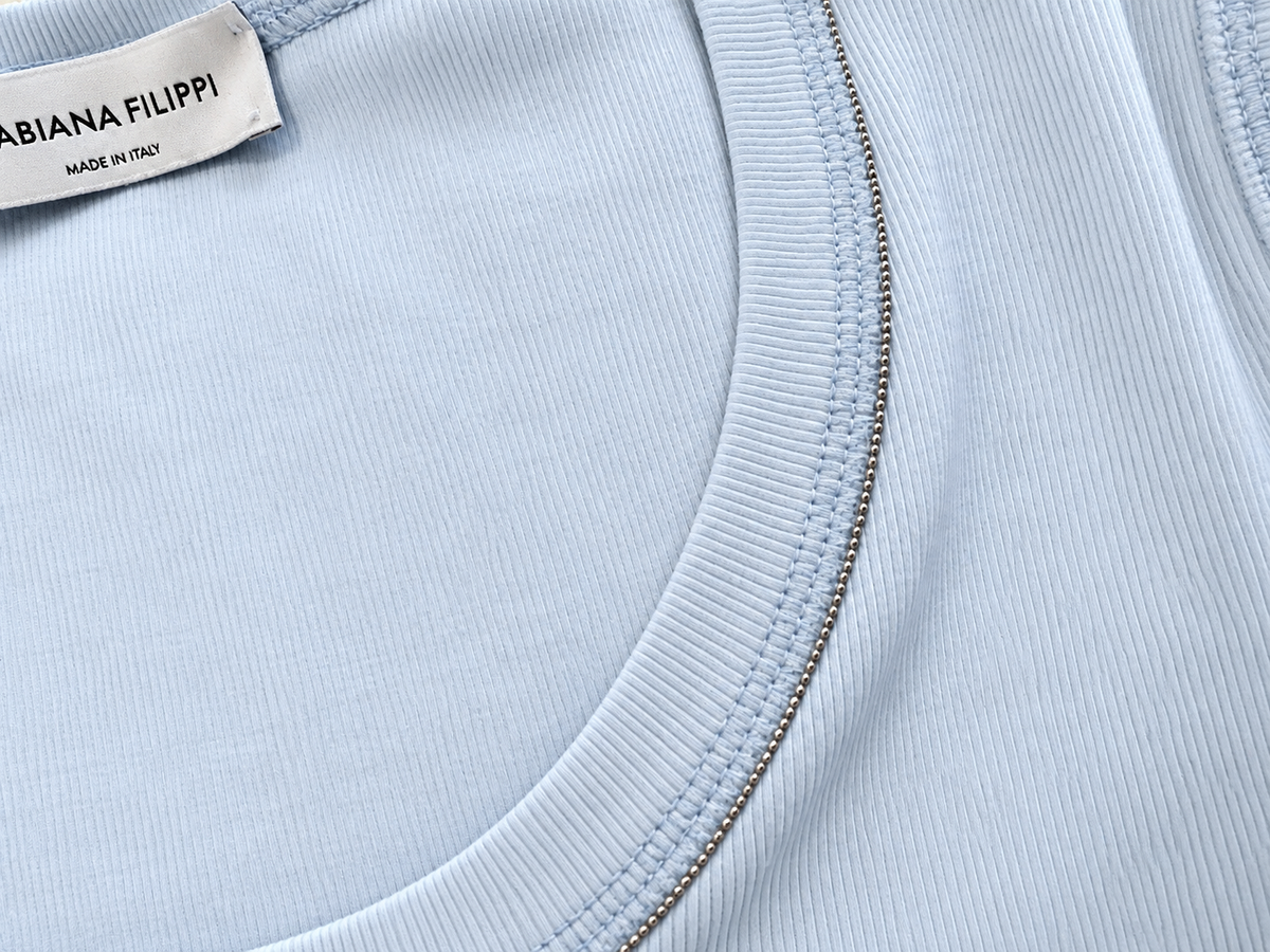 Fabiana Filippi Light Blue Cotton T-Shirt with Monili Trim Size I 40 UK 8 ladies
