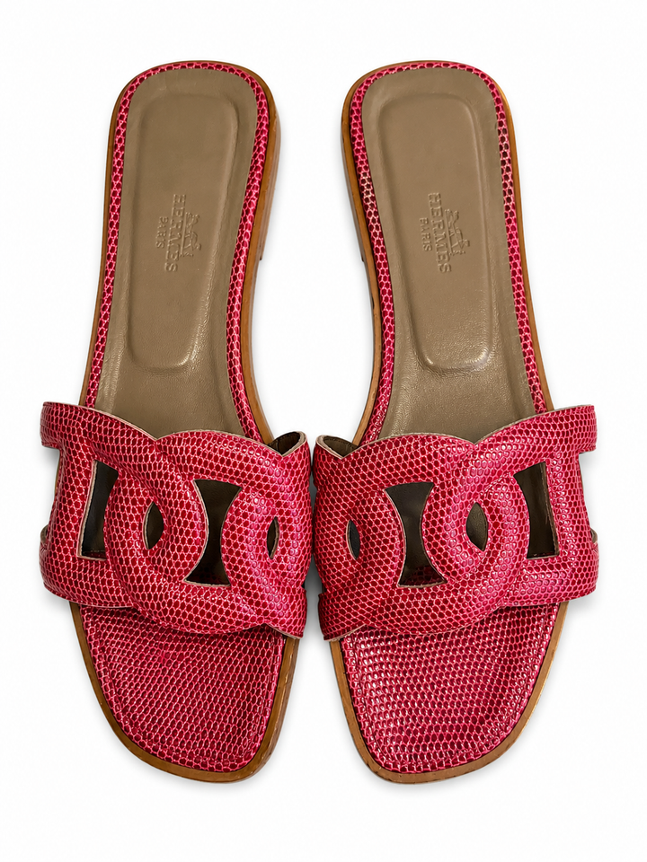 Hermès Hermes Omaha Sandal Flat Pink Lizard Chaine d'Ancre Size 38 ladies