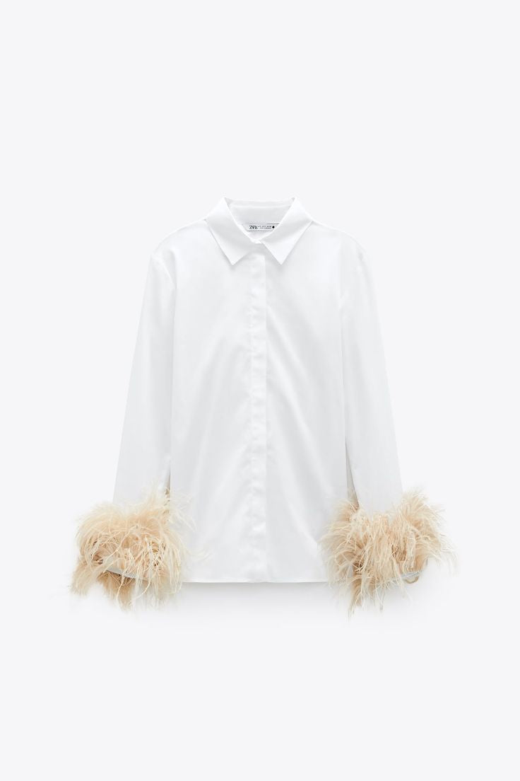 ZARA WOMAN WHITE POPLIN SHIRT WITH FEATHER APPLIQUÉS 8976/545 Size L large ladies