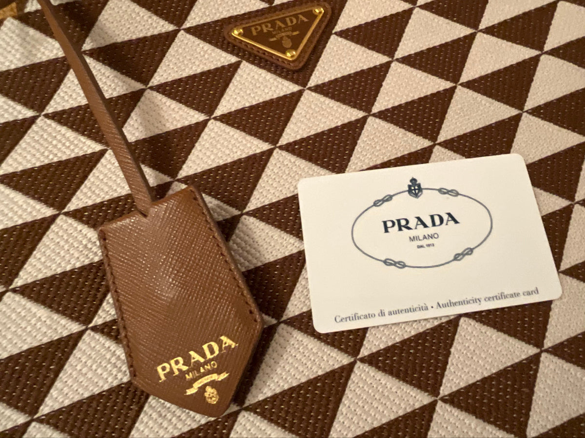 Prada Jacquard Saffiano Triangolo Symbole Embroidered Large Tote Bag in Brown Tobacco ladies