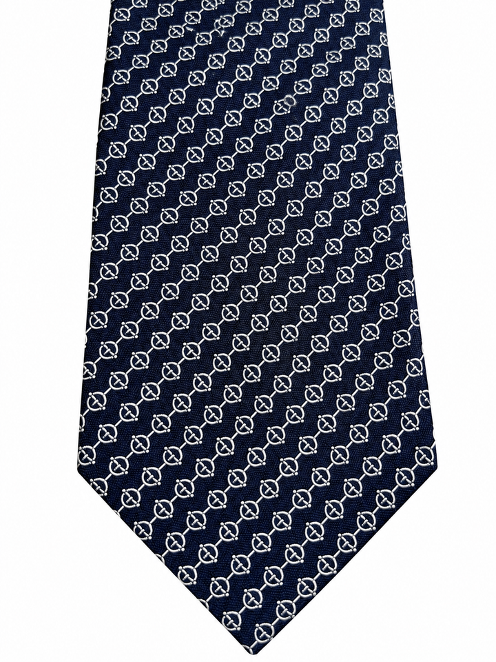 Hermès Paris Men’s Navy Blue & White Geometric Jacquard Silk Tie men