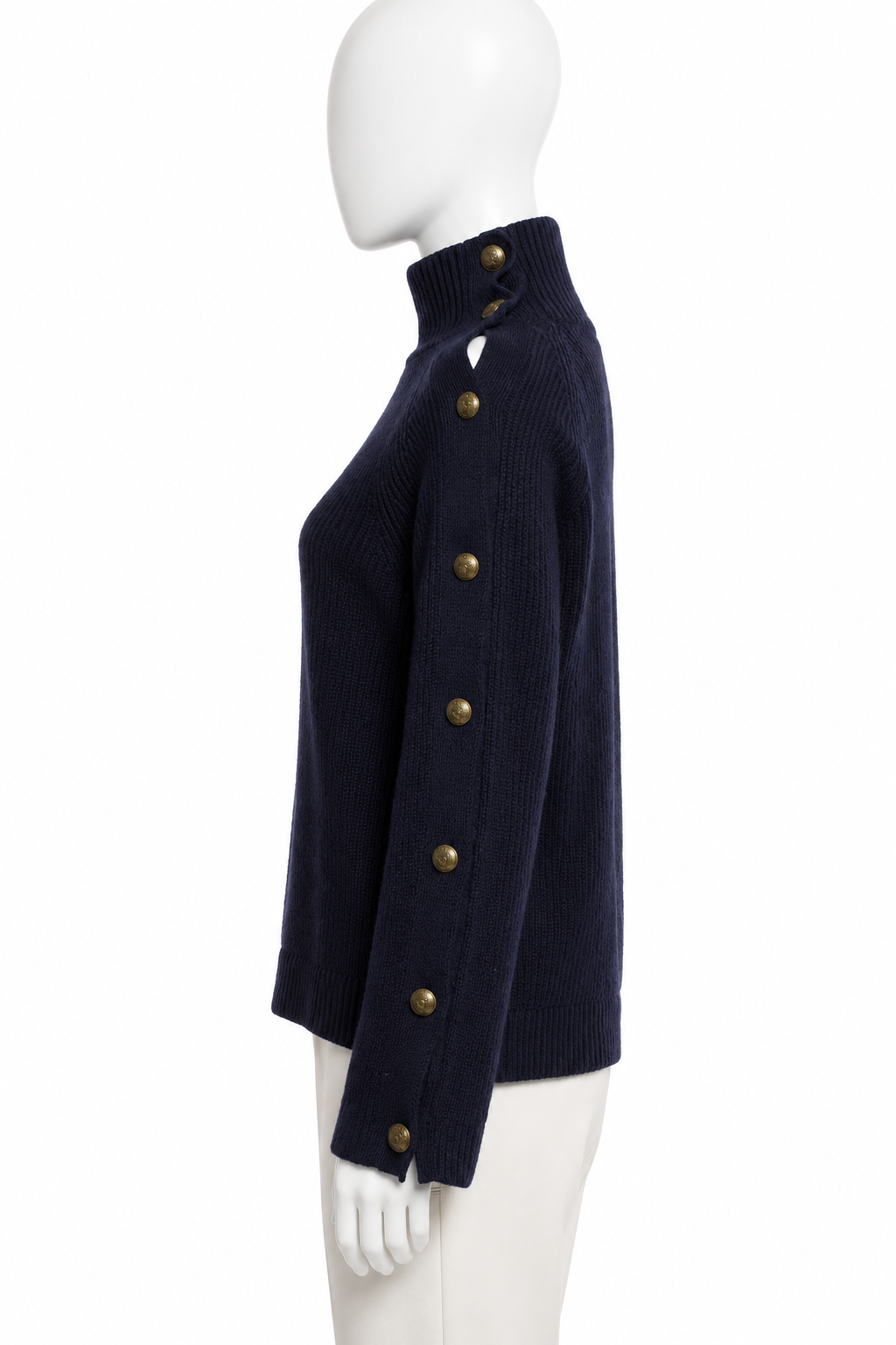Ralph Lauren Purple Label Navy Blue Cashmere Turtleneck Jumper with Gold Buttons – Size M ladies