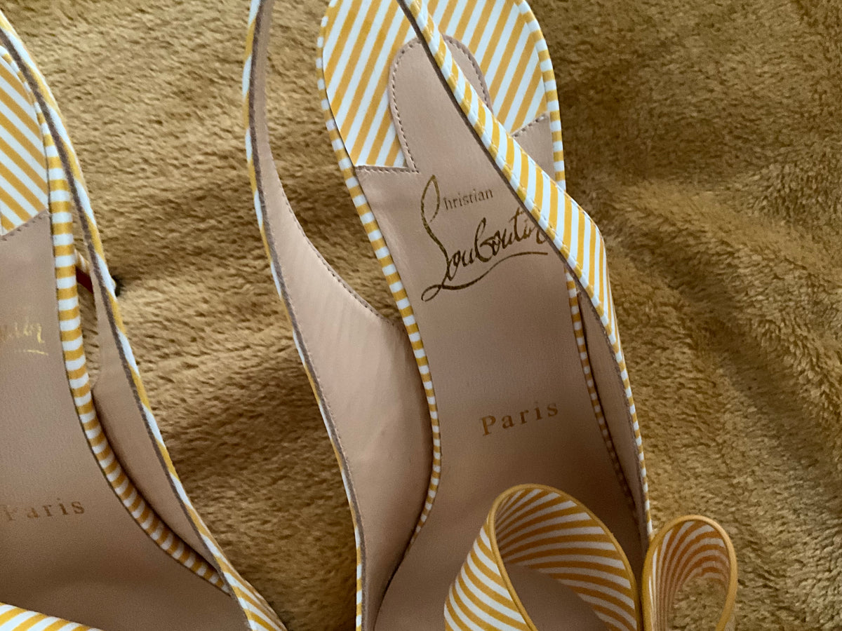 Christian Louboutin Patent Stripes Clare Nodo 80 Pumps Banana White Size 38.5 ladies