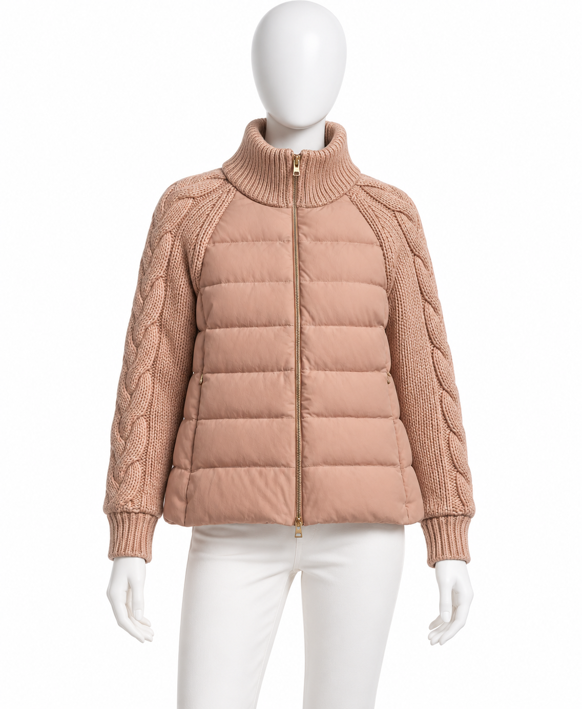 Herno Cashmere & Silk Quilted Down Jacket with Cable Knit Sleeves – Size IT 42 ladies