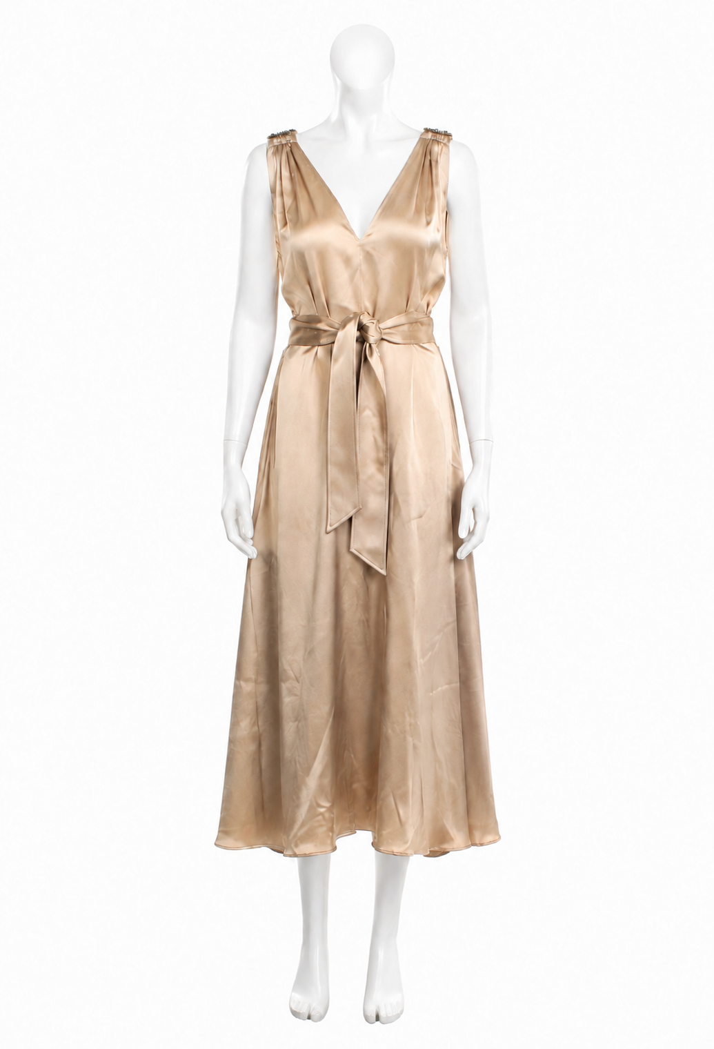 Brunello Cucinelli Champagne Silk Monili Belted Long Dress Size L large ladies