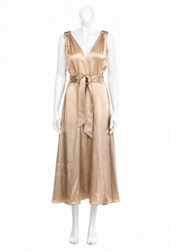 Brunello Cucinelli Champagne Silk Monili Belted Long Dress Size L large ladies