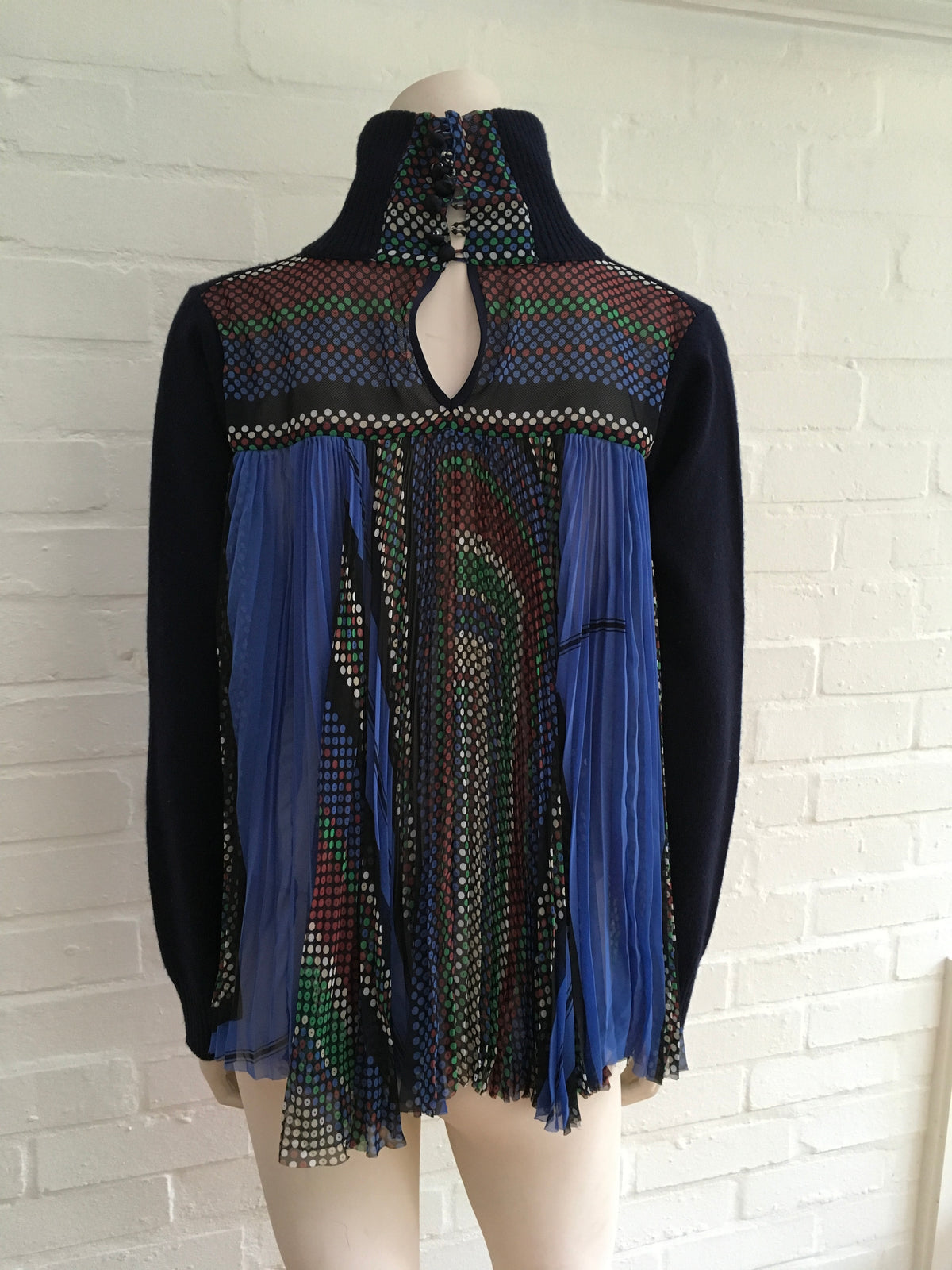 SACAI Contrast Pleated Navy Blue Wool Turtleneck Jumper Size M medium ladies