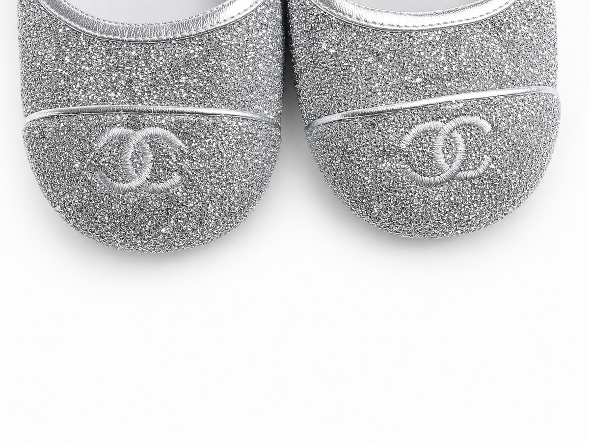 Chanel CC Cap Toe Mary Jane Flats – Silver Glitter – Size EU 38.5 ladies