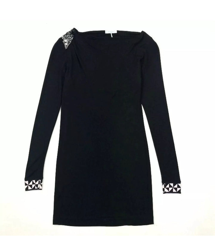 Emilio Pucci Firenze Black Crystals Shoulder Stretch Jersey Draped Dress Sz 44 L ladies