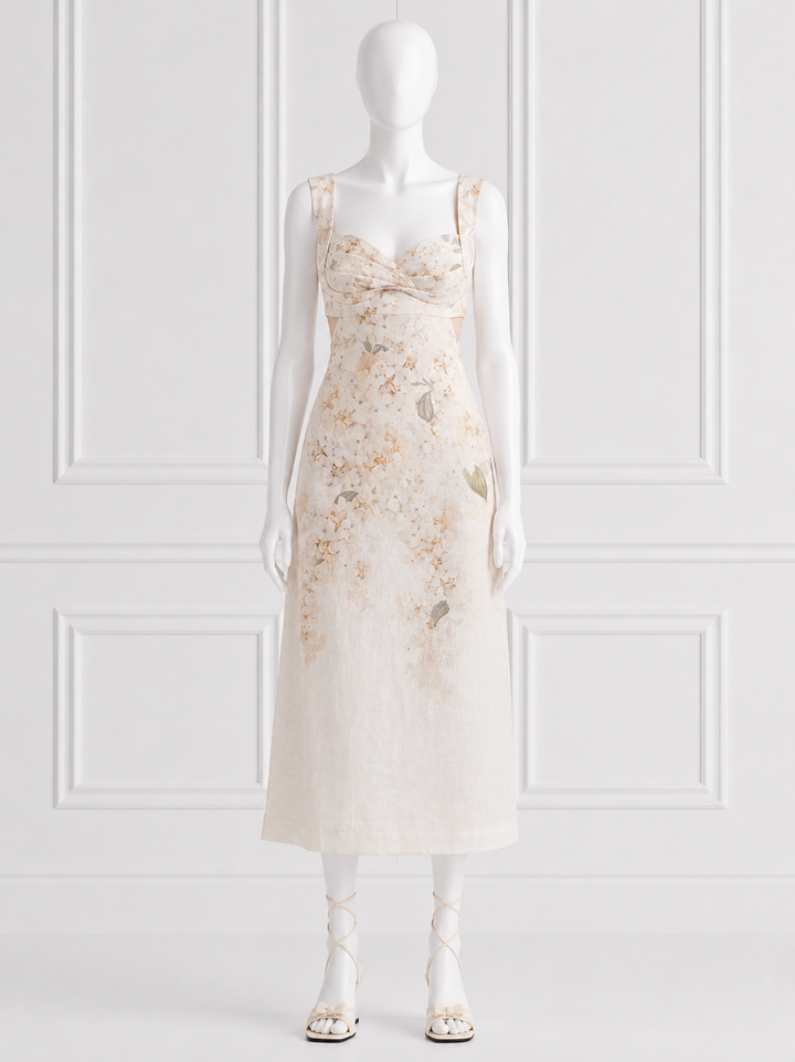 Zimmermann Balance Floral Linen Midi Dress – White Hydrangea (2026 Collection)
