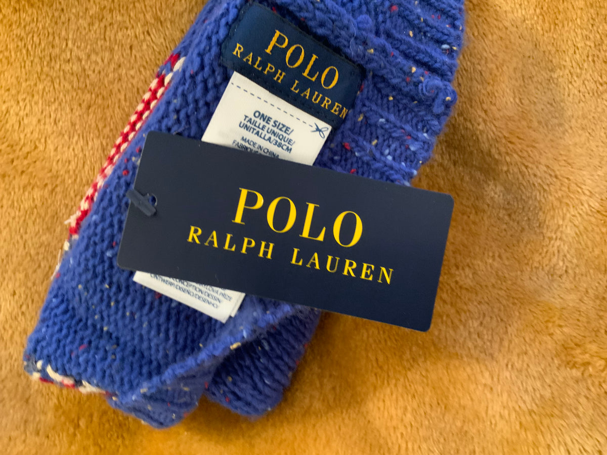 Ralph Lauren Polo Unisex Winter Beanie Hat In Blue Wool With American US Flag men
