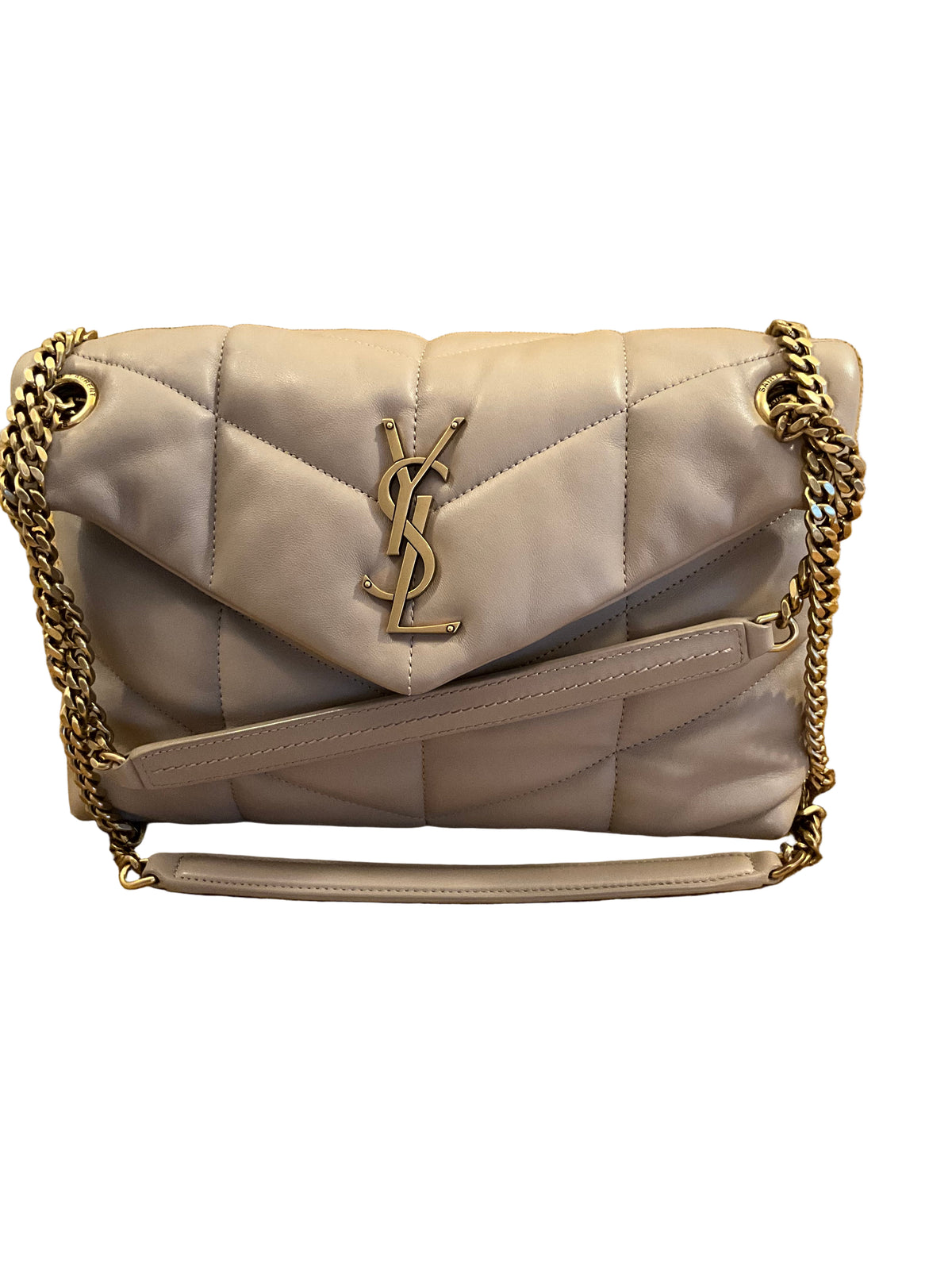 YSL Saint Laurent Lambskin Quilted Small Loulou Puffer Monogram Chain Satchel Beige Ladies