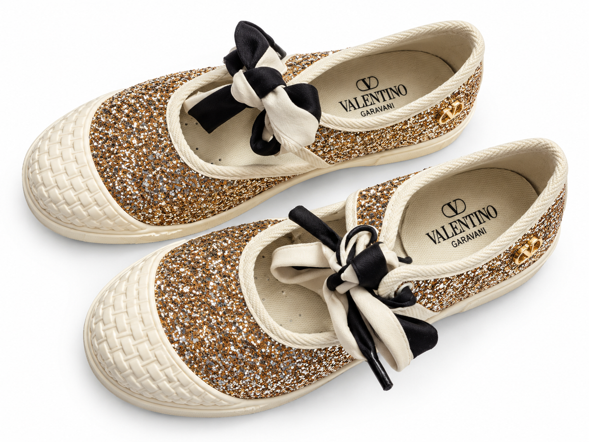 Valentino Garavani Bay By Bay Glitter Ballerina Sneakers Flats Gold Size 38.5 ladies