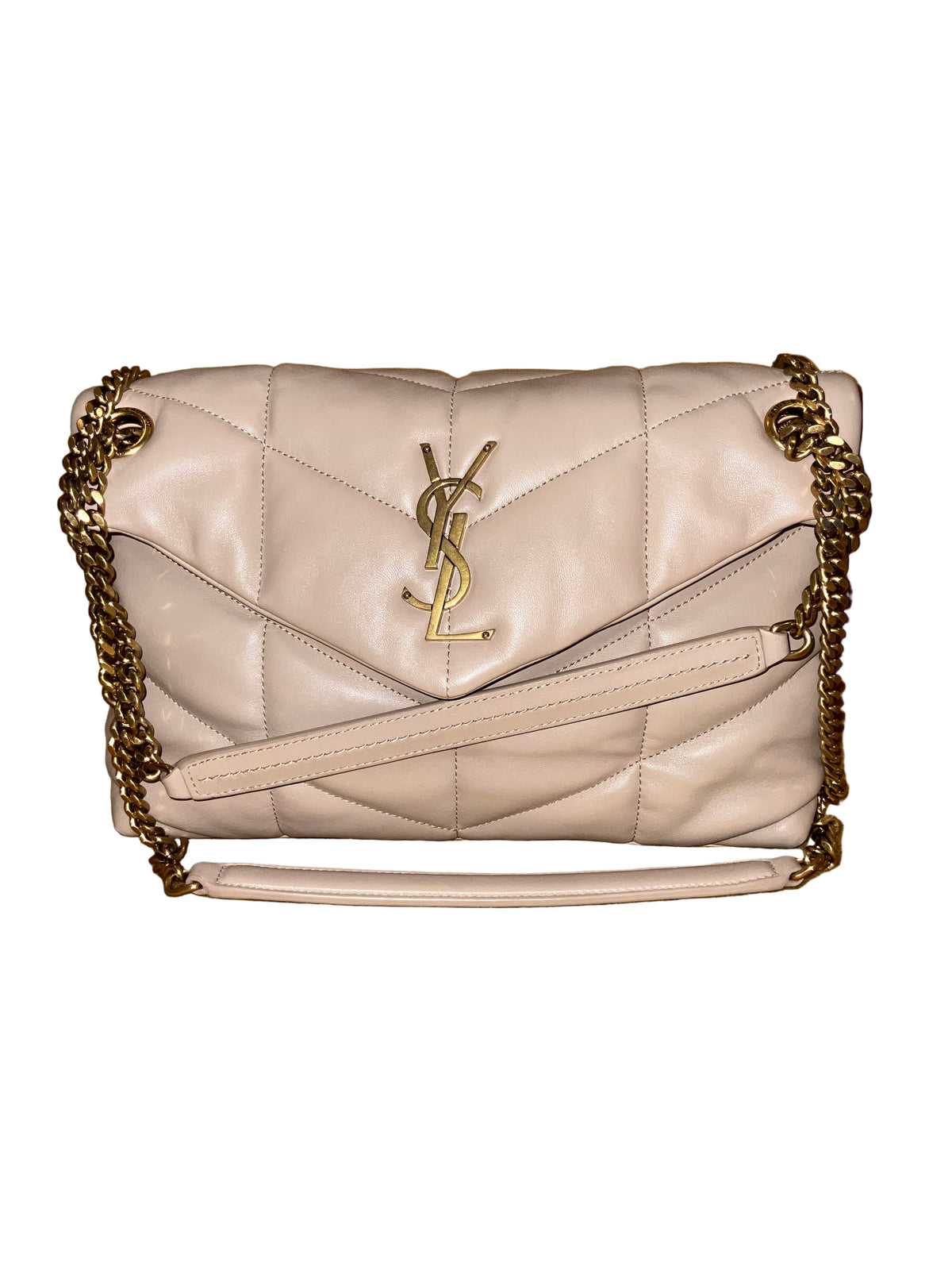 YSL Saint Laurent Lambskin Quilted Small Loulou Puffer Monogram Chain Satchel Beige Ladies