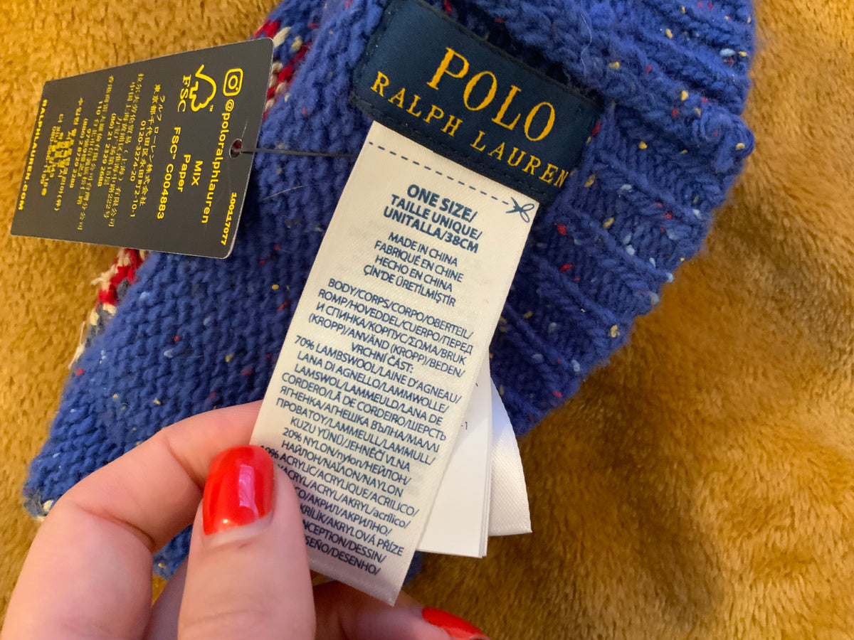 Ralph Lauren Polo Unisex Winter Beanie Hat In Blue Wool With American US Flag men