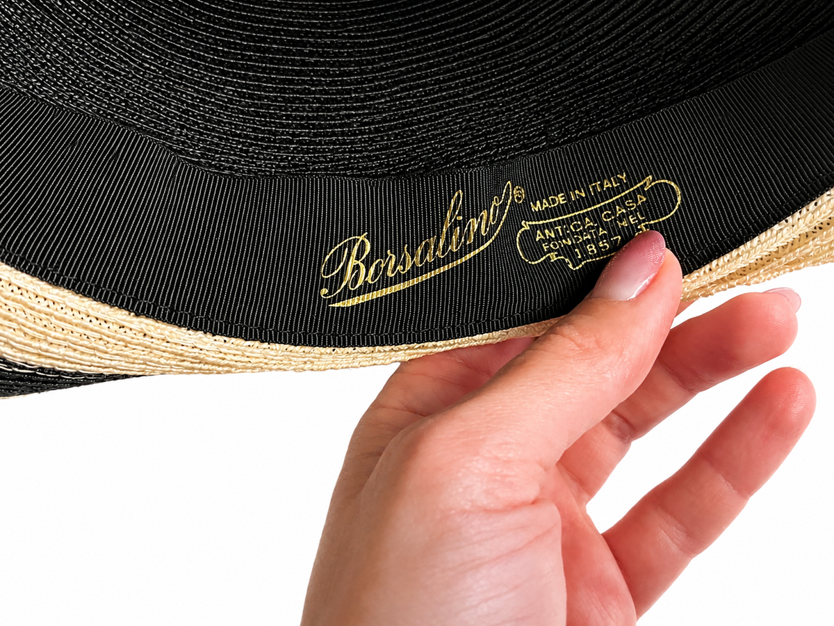 Borsalino Black & Natural Striped Wide-Brim Hemp Hat – Size M ladies