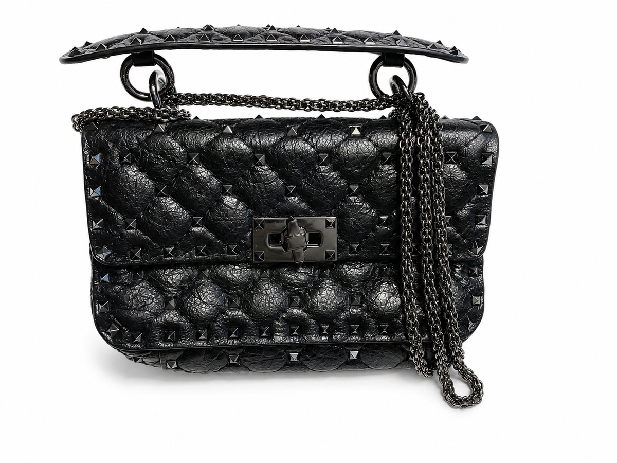 Valentino Garavani Craquele Nappa Small Rockstud Spike Shoulder Bag – Black ladies