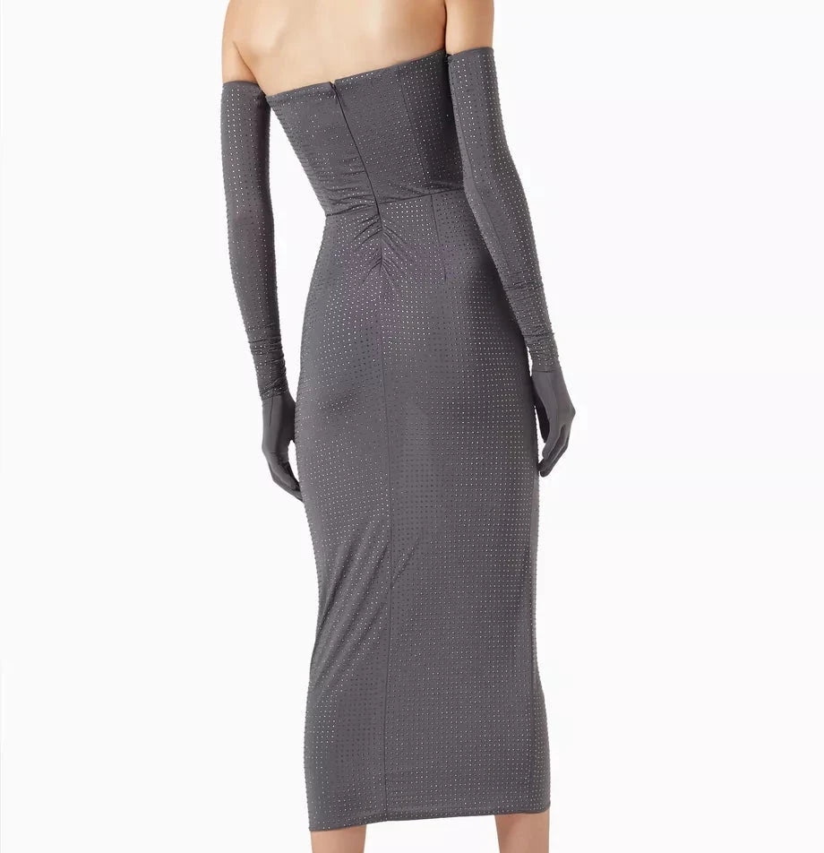 Alex Perry Strapless Midi Dress in Crystal Jersey with gloves Size UK 10 ladies