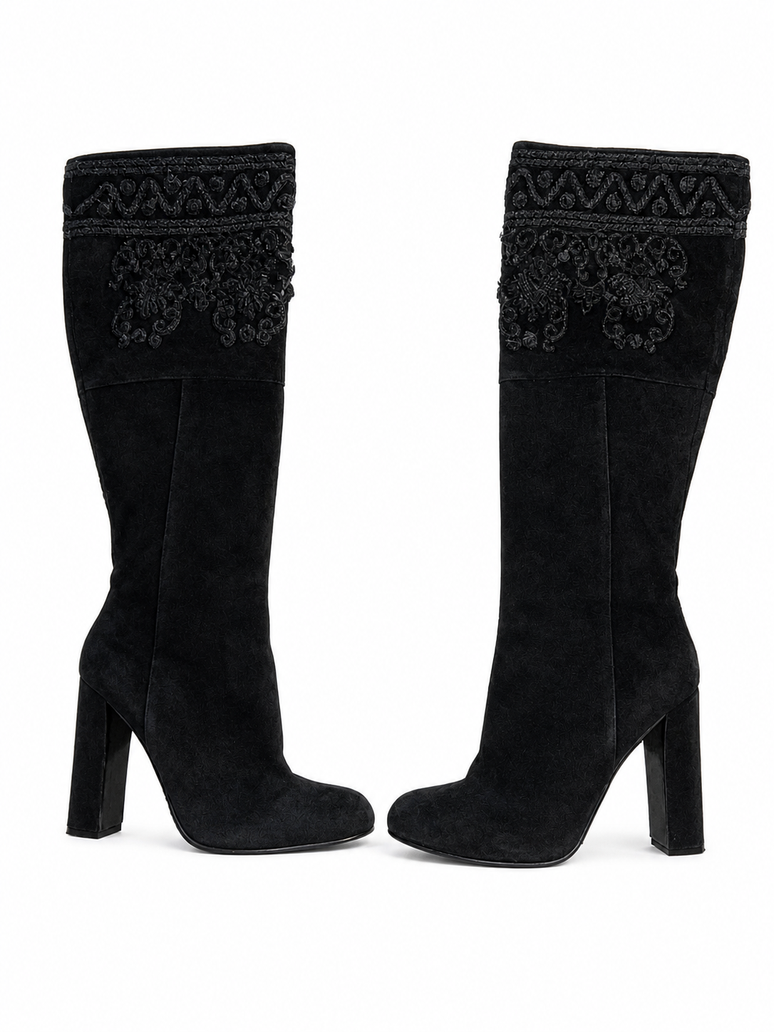ETRO BLACK SUEDE EMBROIDERED KNEE LENGHT BOOTS SIZE 38 LADIES